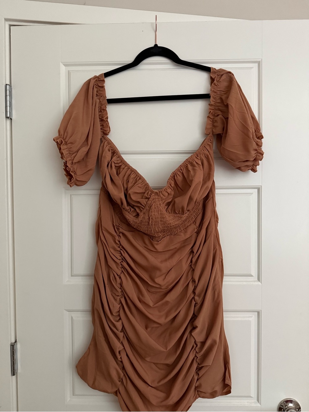 Ruched Mini Dress with Puff Sleeves in Rust